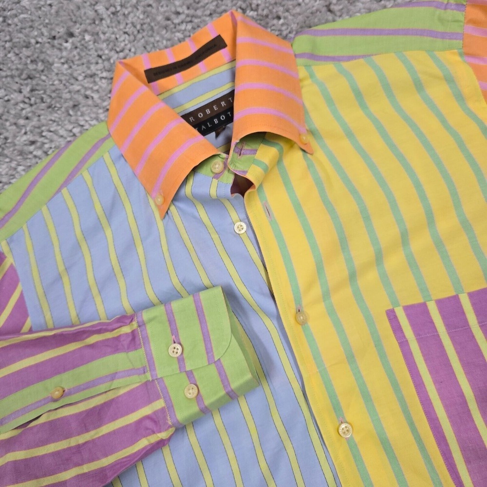 Robert Talbott Mens 90s Colorblock Striped Button Up Shirt Size S Retro Artsy‎